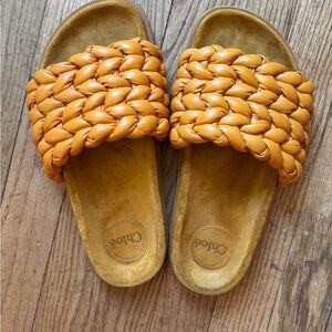 Chloe Woven Slide Sandals in Mustard Orange